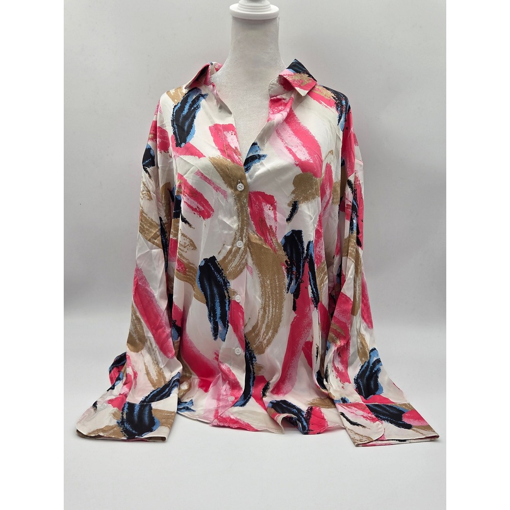 Fashion Nova 2XL Abstract Brushstroke Button Down Shirt Pink White 101-472